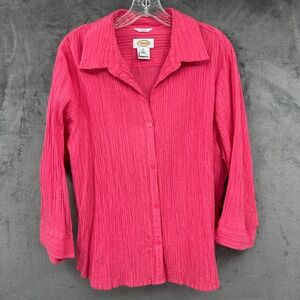 Talbots‎ Blouse Womens XL Pink 3/4 Sleeve Stretch Button Up Textured Top Casual
